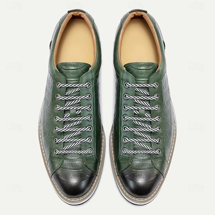 green Men's Premium Leather Croc-Embossed Casual Sneakers