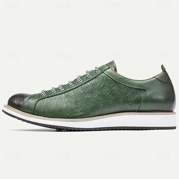 green Men's Premium Leather Croc-Embossed Casual Sneakers