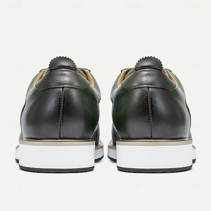 green Men's Premium Leather Croc-Embossed Casual Sneakers
