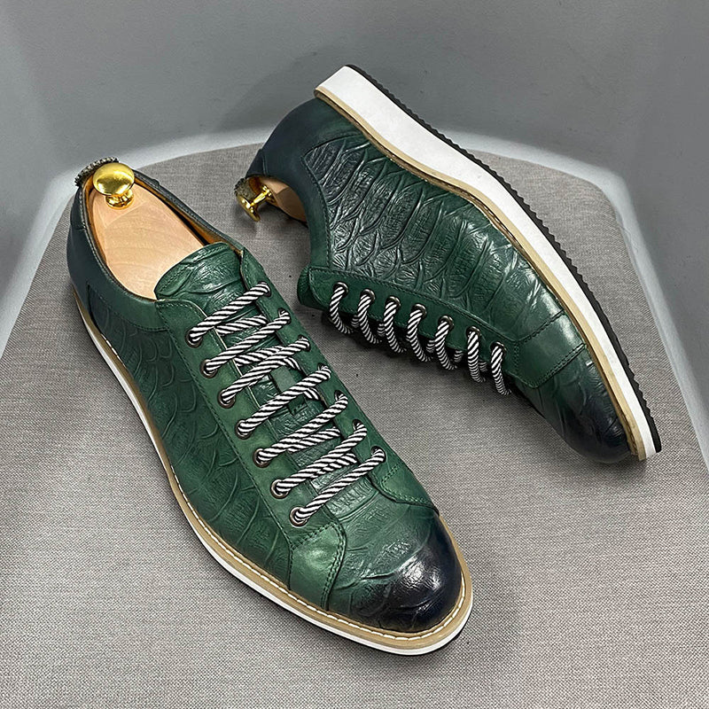 green Men's Premium Leather Croc-Embossed Casual Sneakers