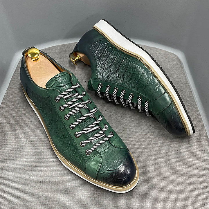 green Men's Premium Leather Croc-Embossed Casual Sneakers