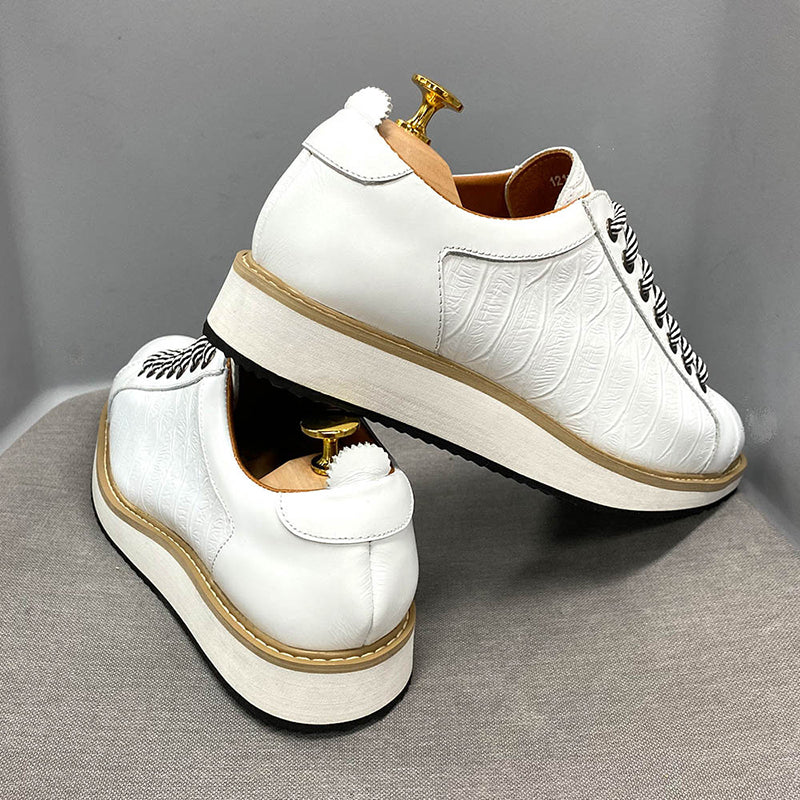 white Men's Premium Leather Croc-Embossed Casual Sneakers