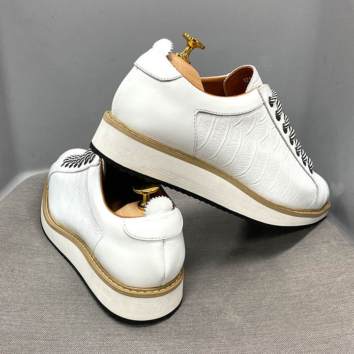 white Men's Premium Leather Croc-Embossed Casual Sneakers