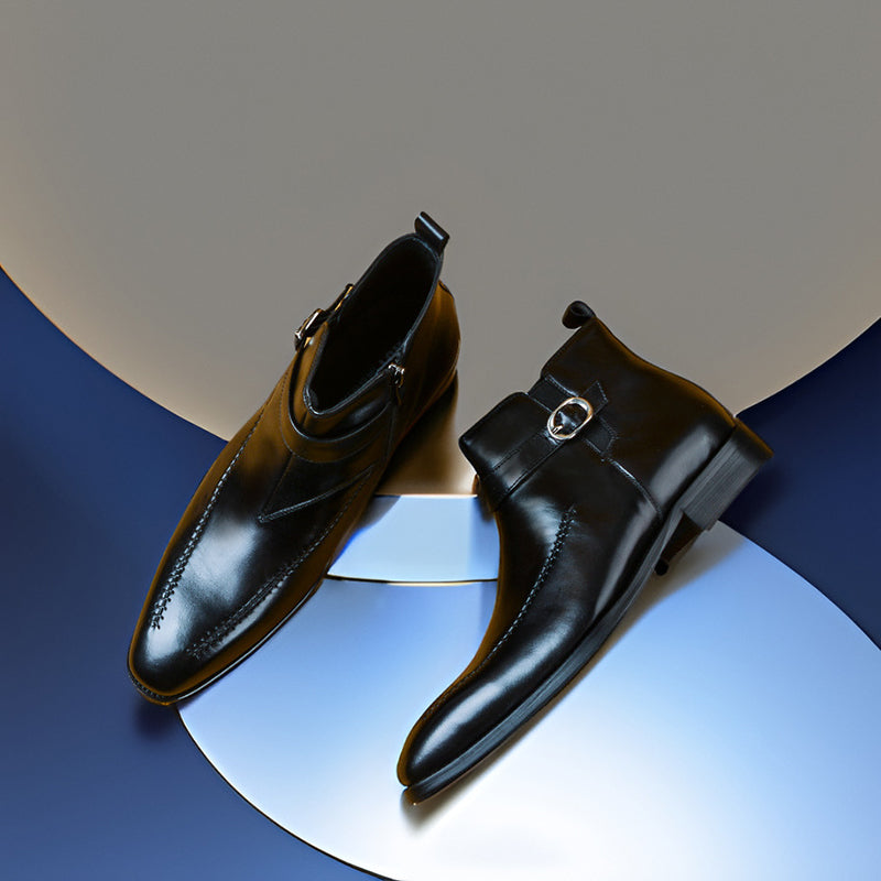 black Men's Vintage Strap Monk Boots