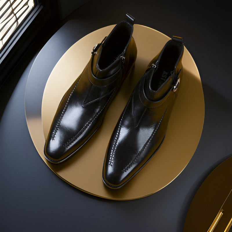 black Men's Vintage Strap Monk Boots