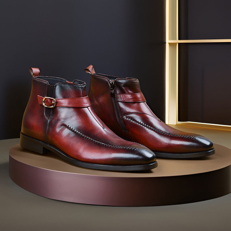 burgundy Men's Vintage Strap Monk Boots