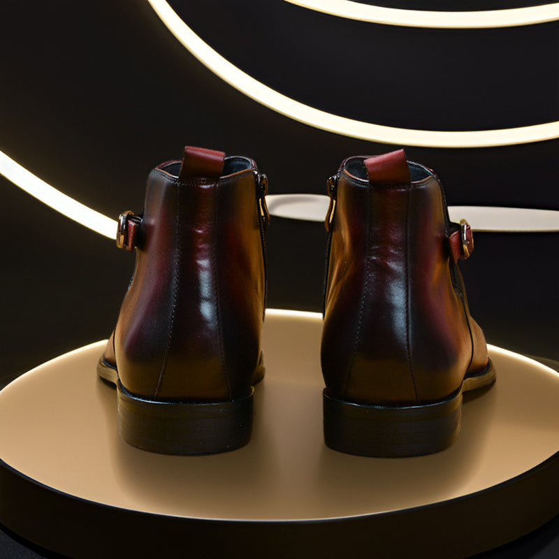 burgundy Men's Vintage Strap Monk Boots