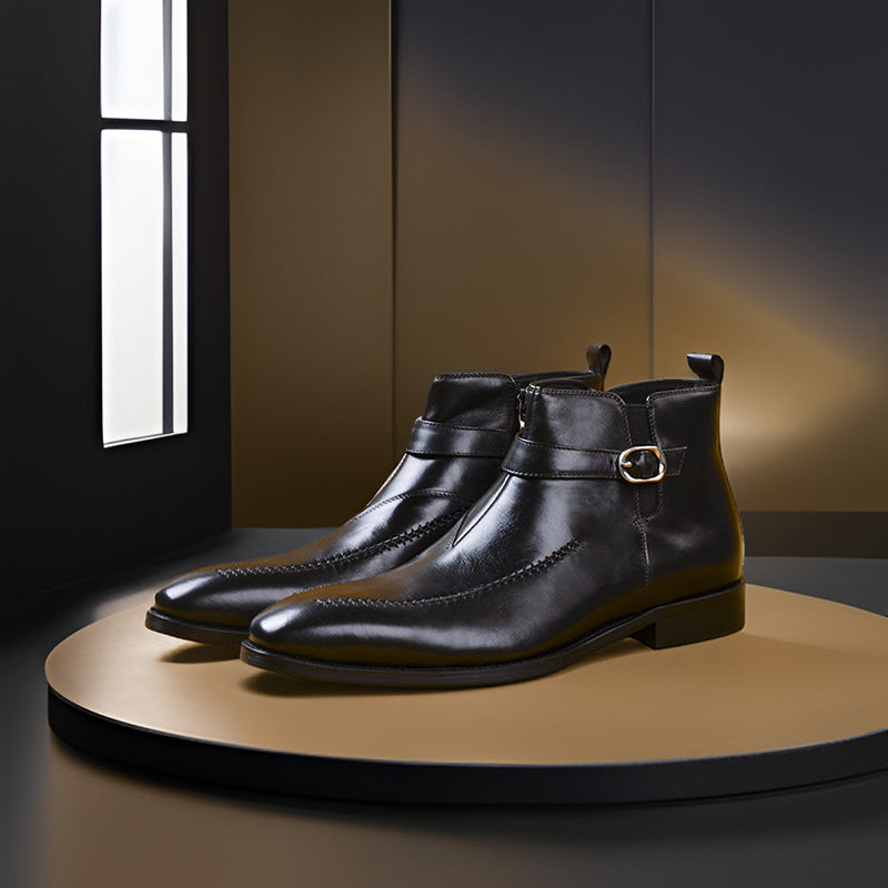 black Men's Vintage Strap Monk Boots