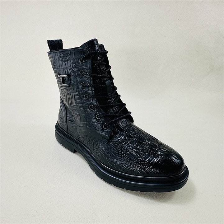 Men's geniune leather alligator pattern lace-up boots with warm plush lining