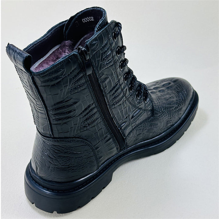 Men's geniune leather alligator pattern lace-up boots with warm plush lining