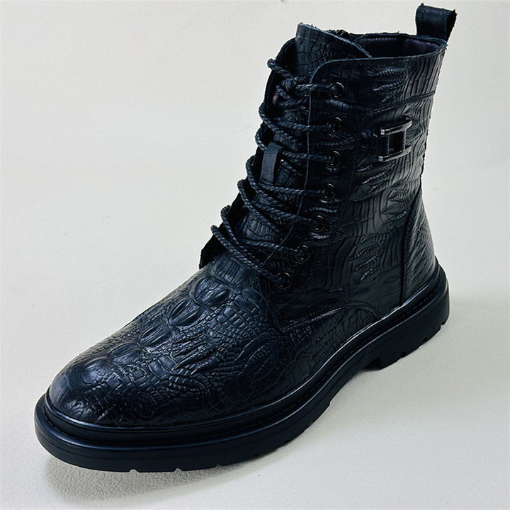 Men's geniune leather alligator pattern lace-up boots with warm plush lining