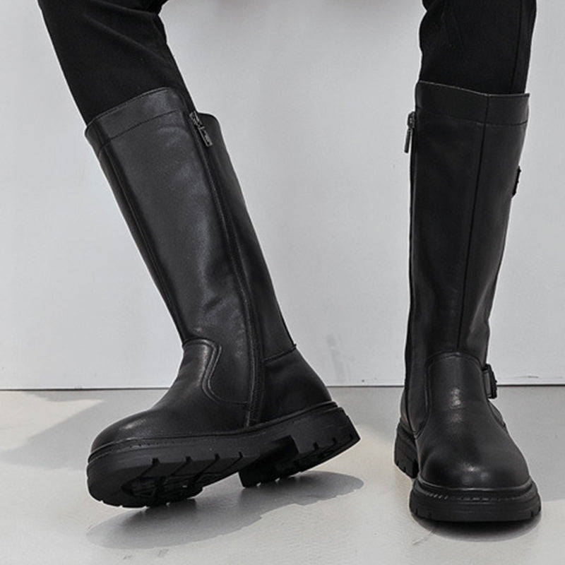 black Men's black leather mid calf motorcycle boots