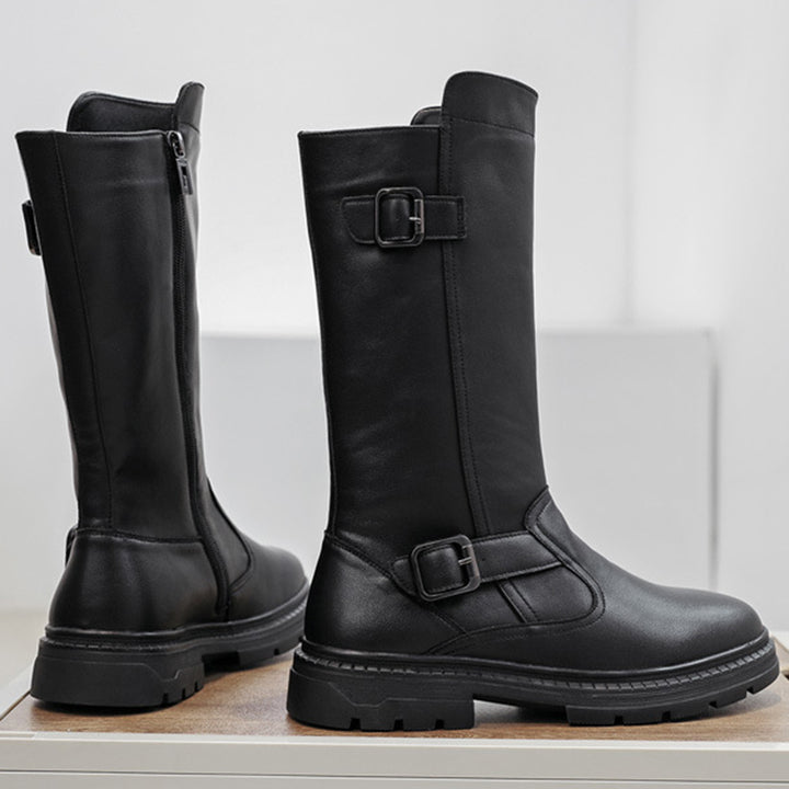 black Men's black leather mid calf motorcycle boots