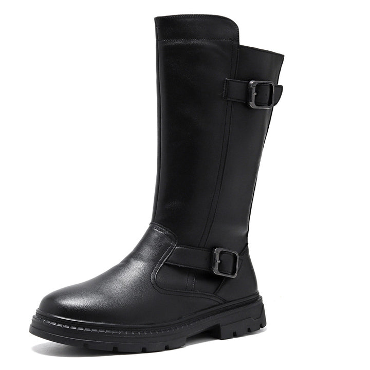 black Men's black leather mid calf motorcycle boots