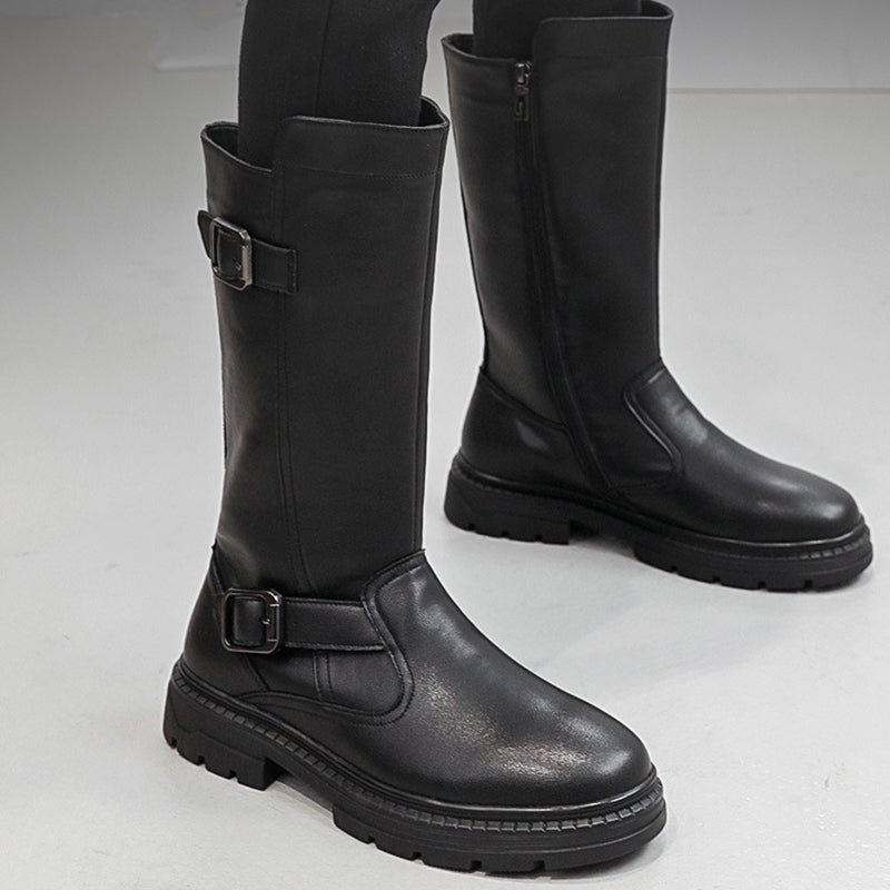 black Men's black leather mid calf motorcycle boots