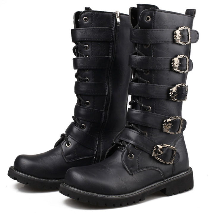 Men's black mid calf biker boots with buckles steampunk boots