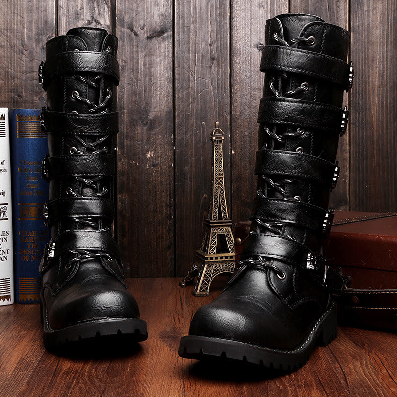 Men's black mid calf biker boots with buckles steampunk boots