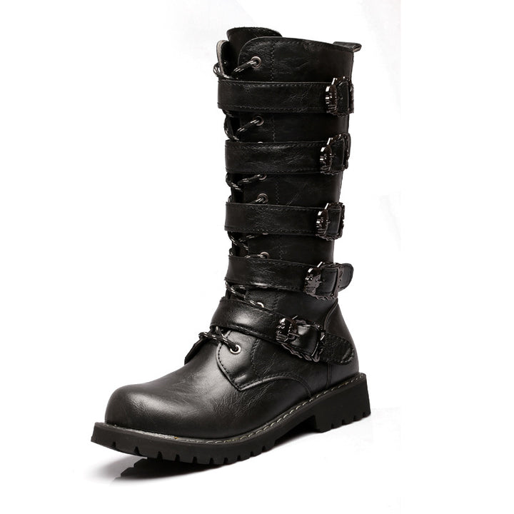 Men's black mid calf biker boots with buckles steampunk boots