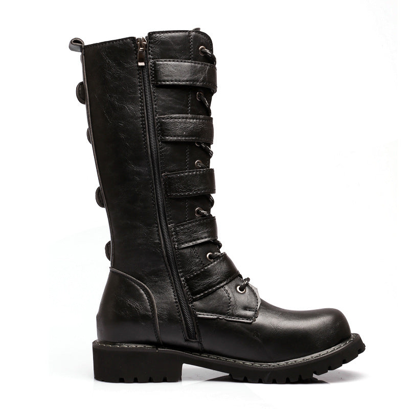 Men's black mid calf biker boots with buckles steampunk boots