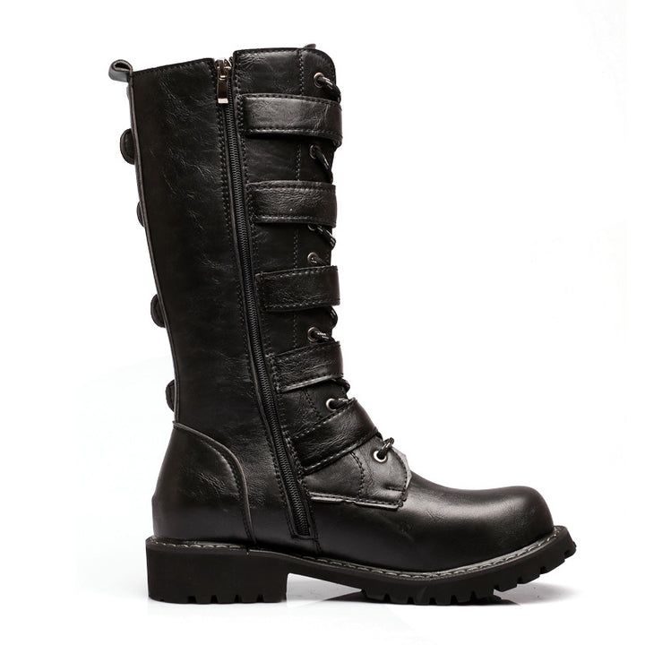 Men's black mid calf biker boots with buckles steampunk boots