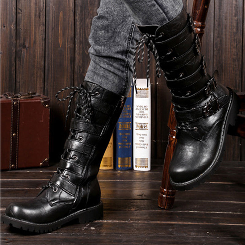 Men's black mid calf biker boots with buckles steampunk boots