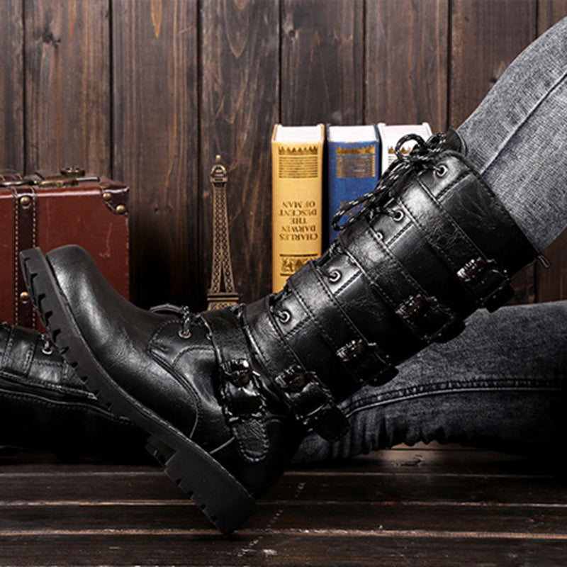 Men's black mid calf biker boots with buckles steampunk boots