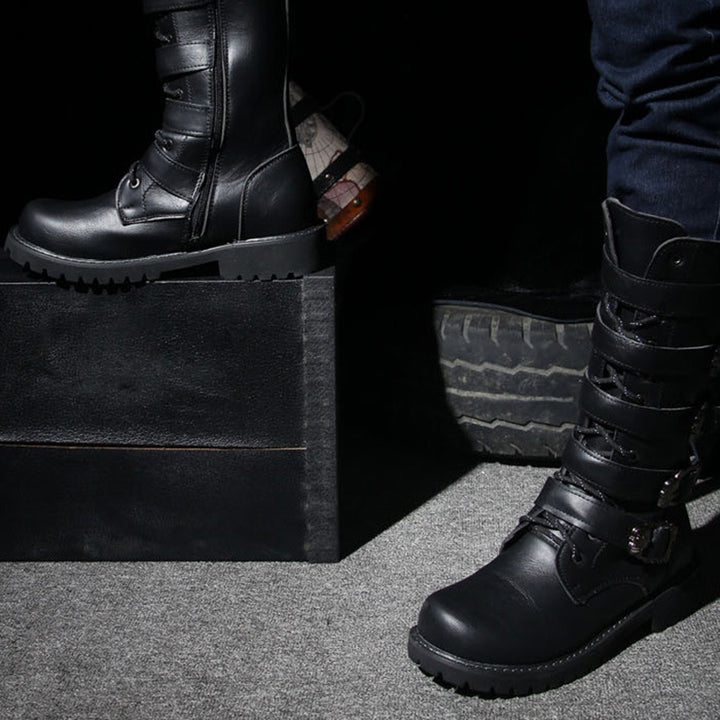 Men's black mid calf biker boots with buckles steampunk boots