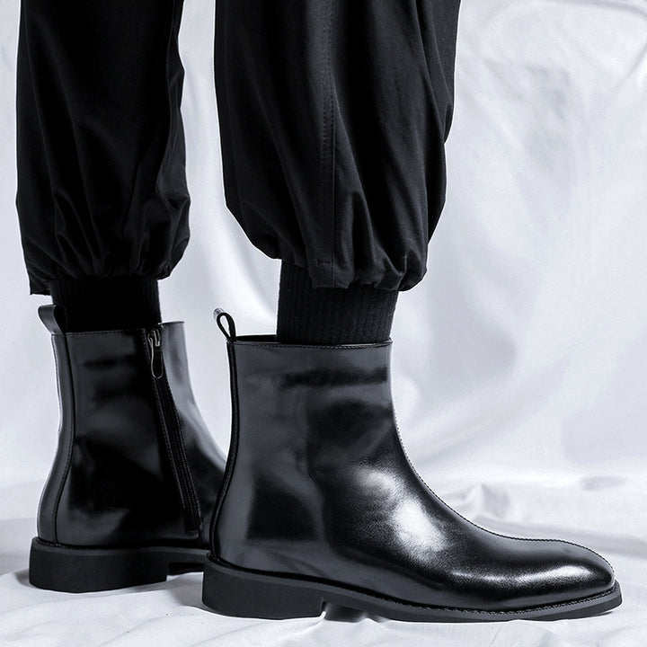 Men's black polished zippered ankle boots