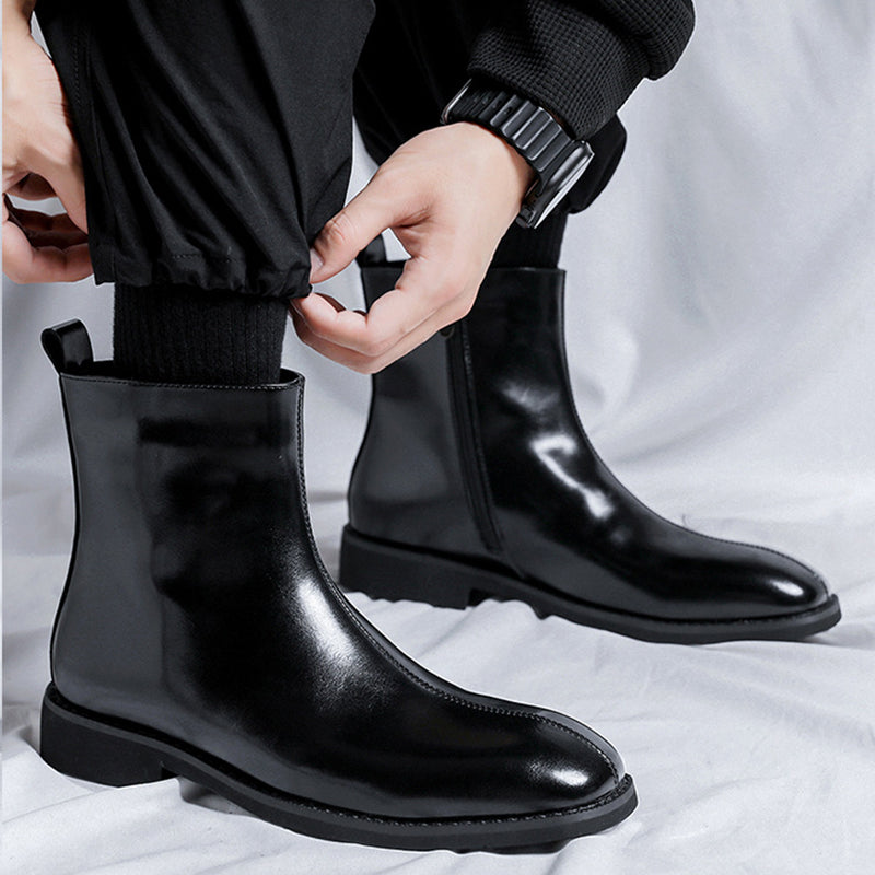 Men's black polished zippered ankle boots