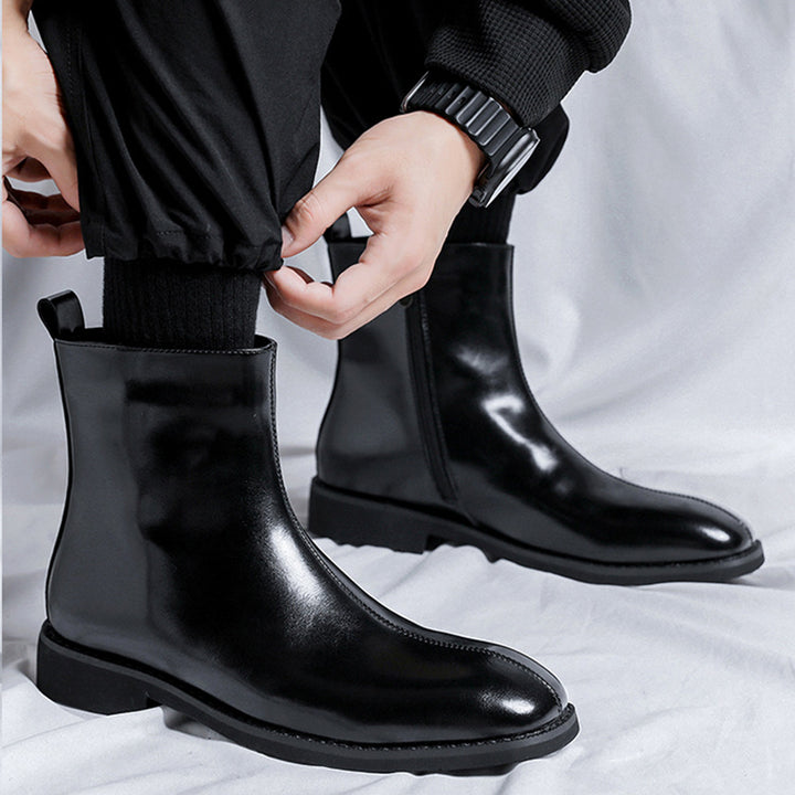 Men's black polished zippered ankle boots