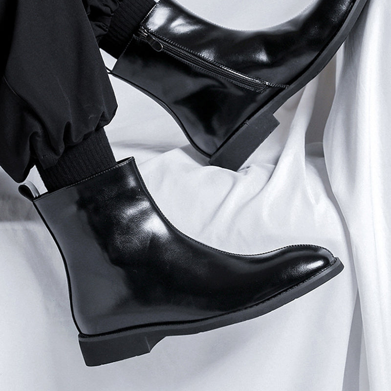 black microfiber Men's black polished zippered ankle boots