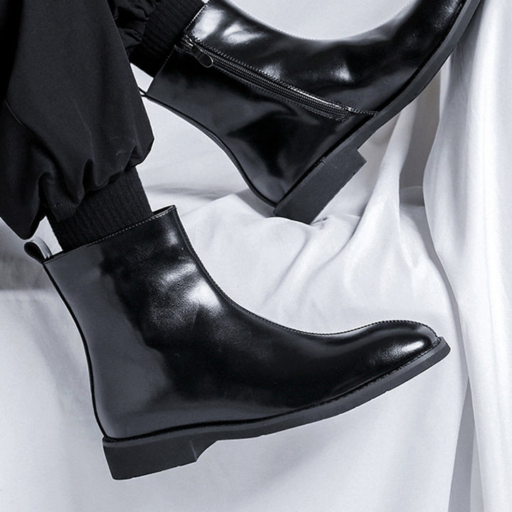 black microfiber Men's black polished zippered ankle boots
