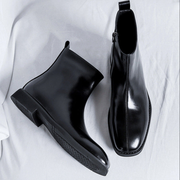 black microfiber Men's black polished zippered ankle boots