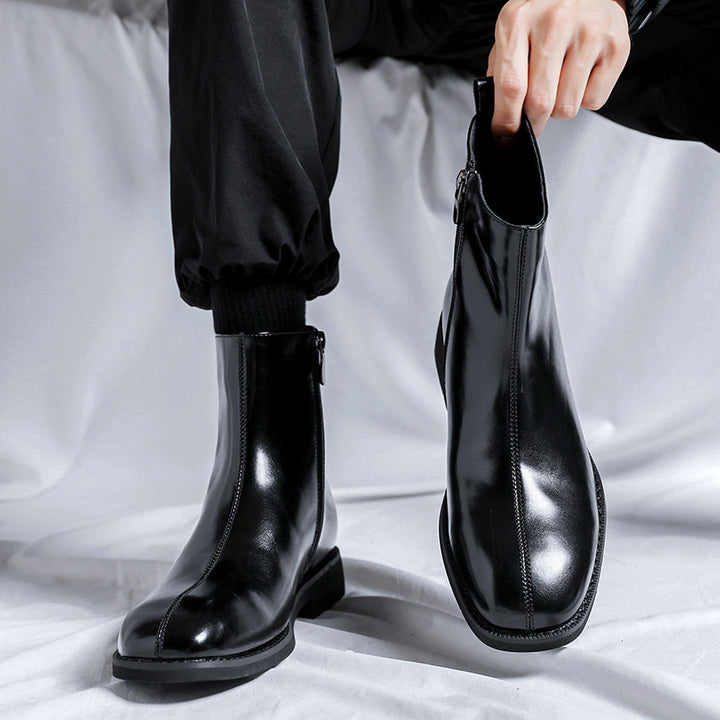 black microfiber Men's black polished zippered ankle boots