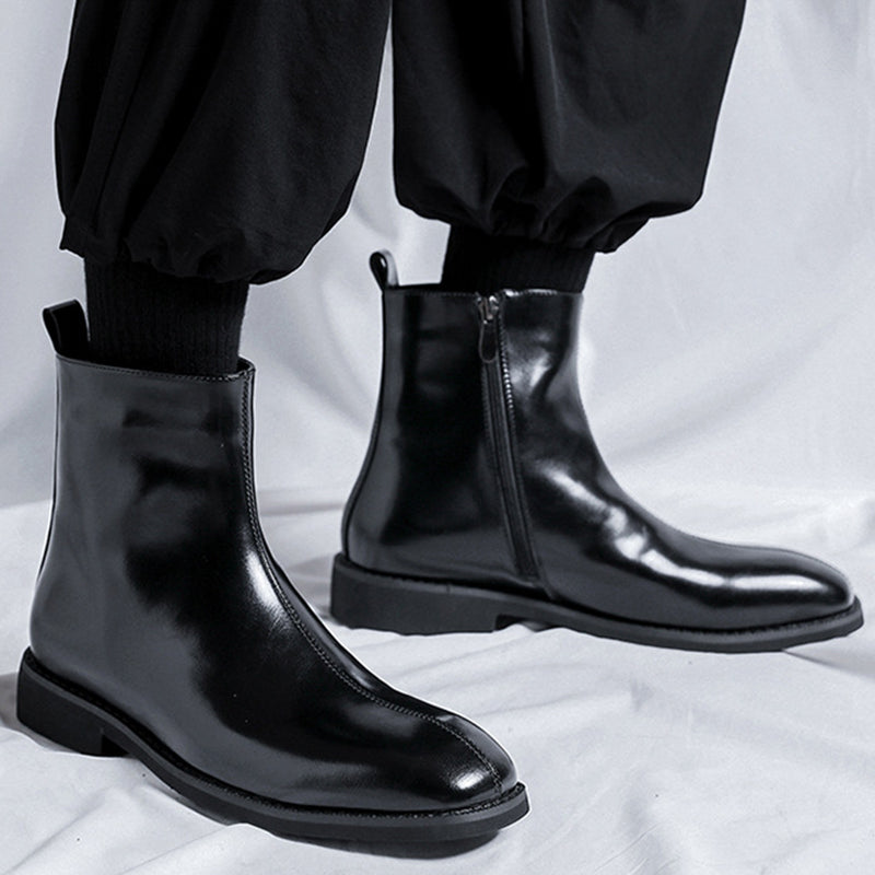 black microfiber Men's black polished zippered ankle boots
