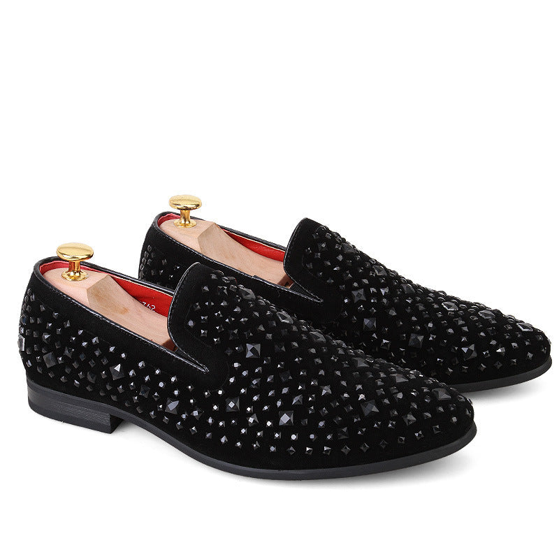 black Men's black rhinestone slip-on loafers