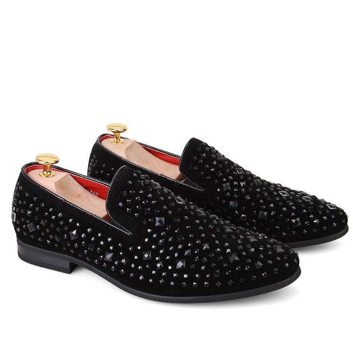 black Men's black rhinestone slip-on loafers