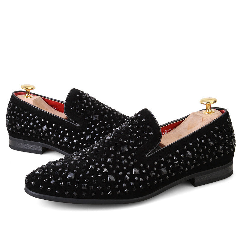 black Men's black rhinestone slip-on loafers