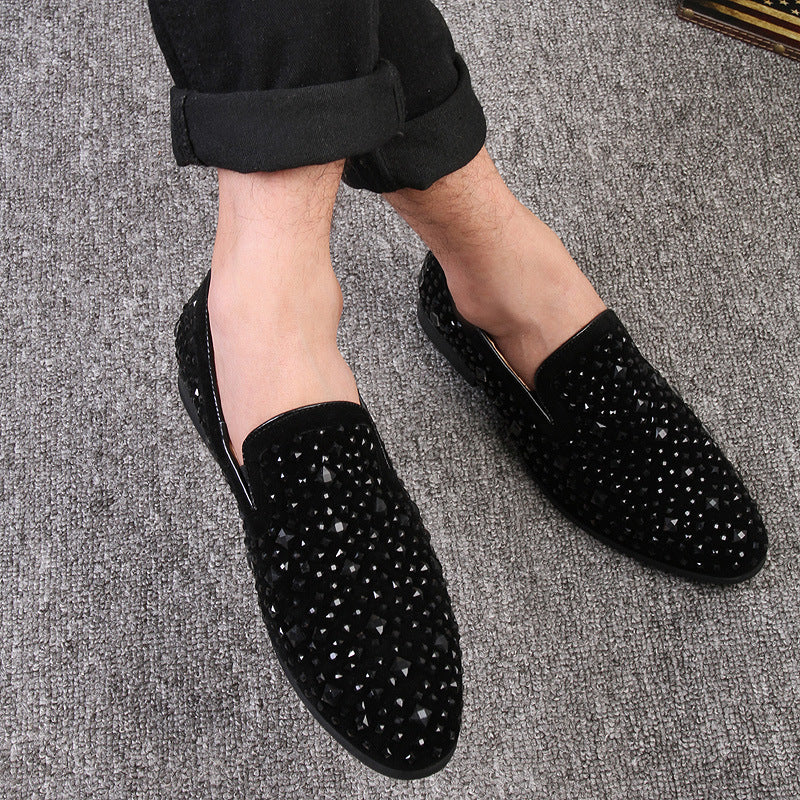 black Men's black rhinestone slip-on loafers
