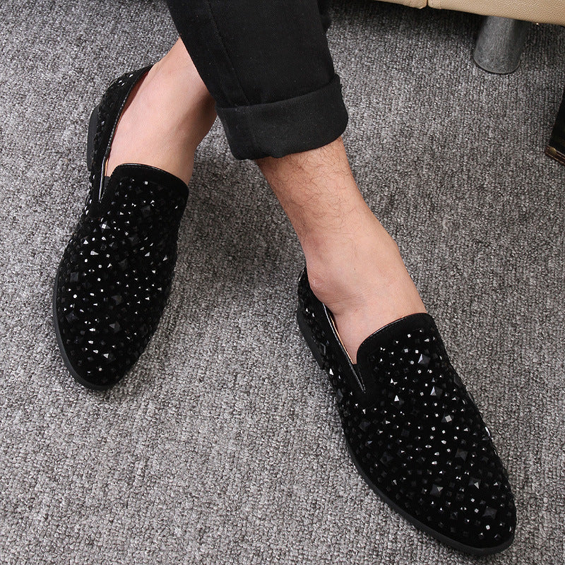 black Men's black rhinestone slip-on loafers