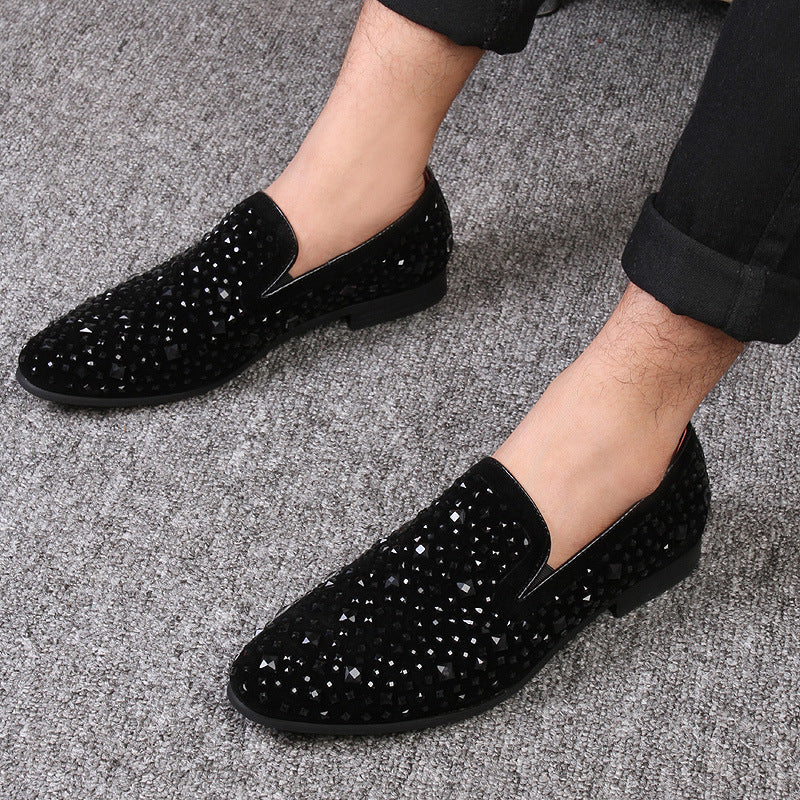 black Men's black rhinestone slip-on loafers