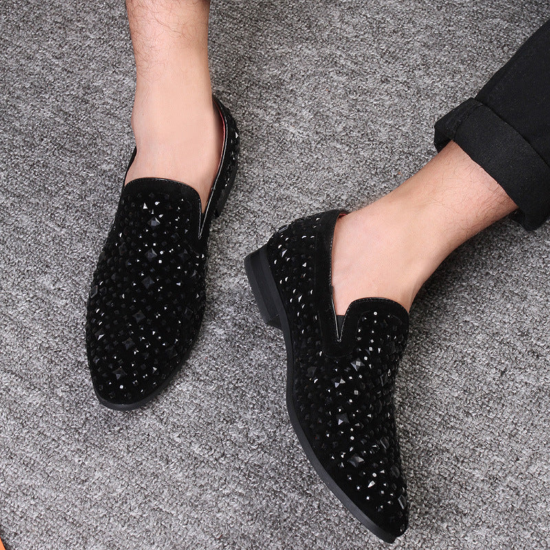 black Men's black rhinestone slip-on loafers