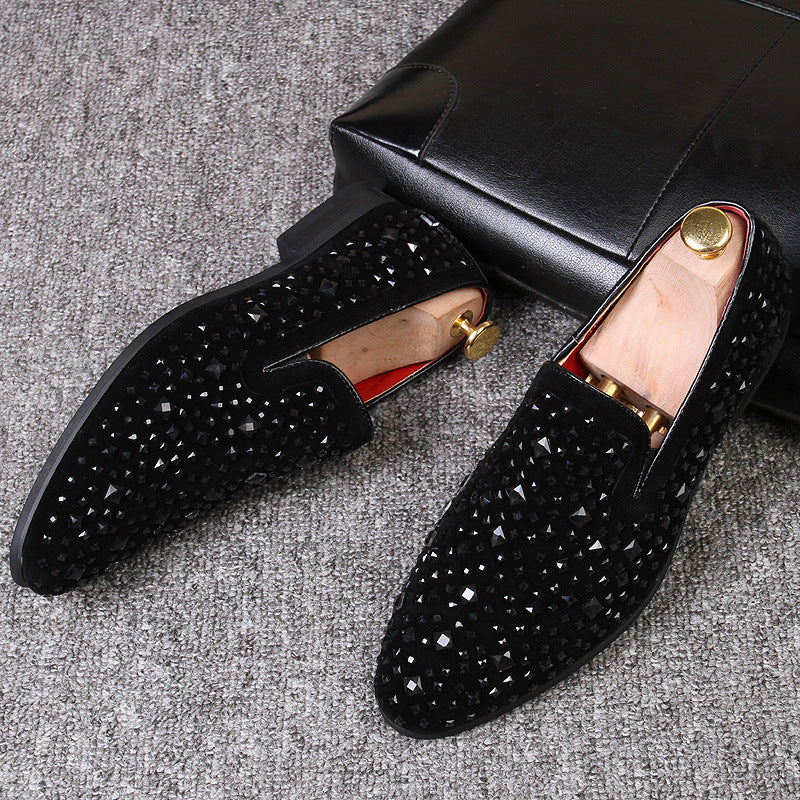 black Men's black rhinestone slip-on loafers