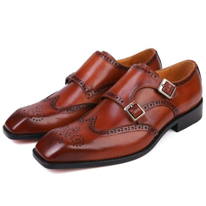 Men's brogue carved double straps monk shoes square toe formal shoes