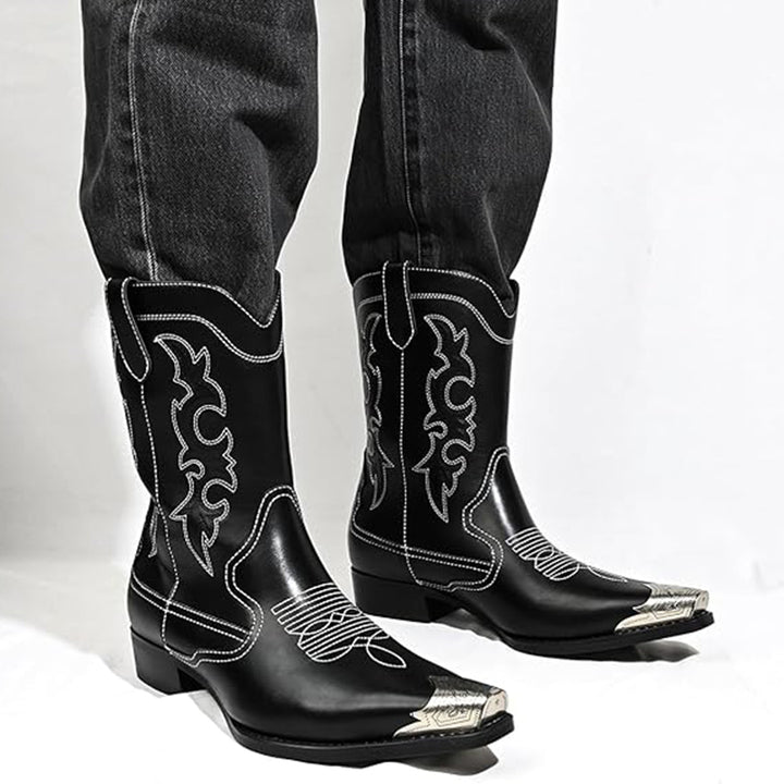 Men's classic embroidery mid calf cowboy boots