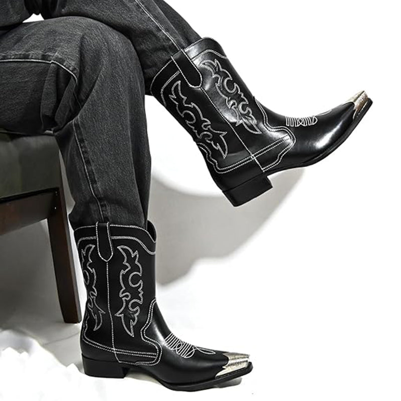black Men's classic embroidery mid calf cowboy boots