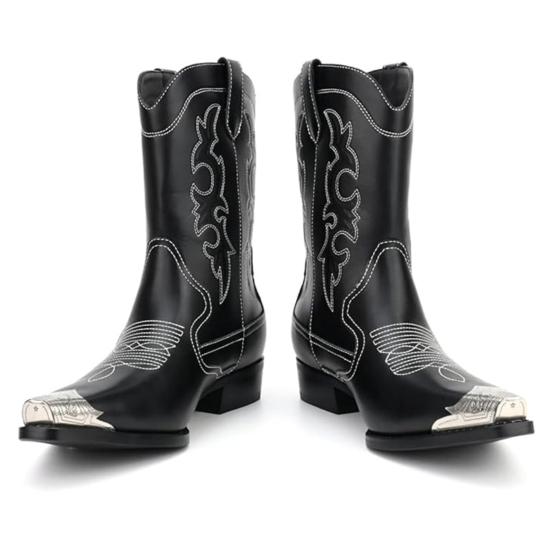 black Men's classic embroidery mid calf cowboy boots