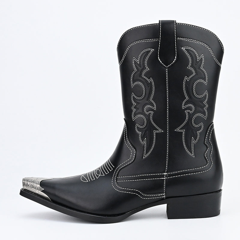 black Men's classic embroidery mid calf cowboy boots