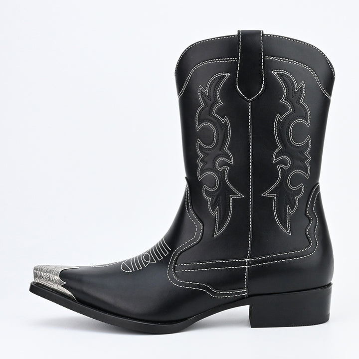 black Men's classic embroidery mid calf cowboy boots