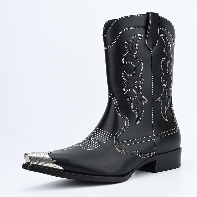 black Men's classic embroidery mid calf cowboy boots